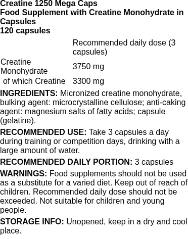Creatine 1250 Mega Caps - 120 caps | Olimp Nutrition nutritional information