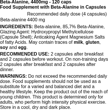 Beta-Alanine, 4400mg - 120 caps | Weider nutritional information