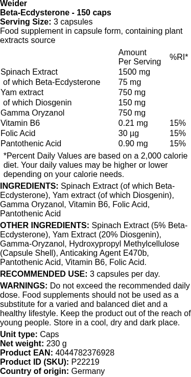 Beta-Ecdysterone - 150 caps | Weider nutritional information