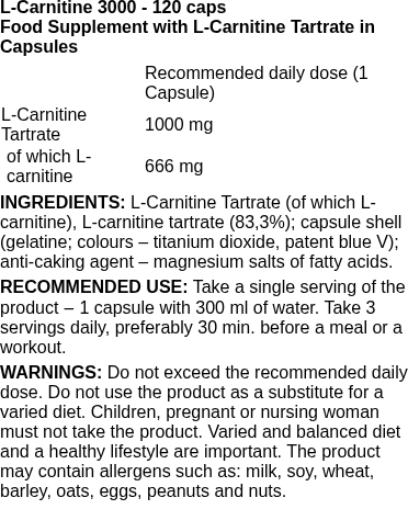 L-Carnitine 3000 - 120 caps | Trec Nutrition nutritional information