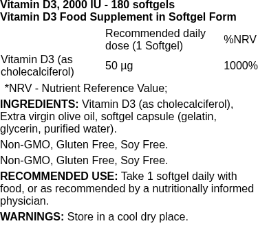 Vitamin D3, 2000 IU - 180 softgels | Doctor's Best nutritional information