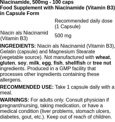 Niacinamide, 500mg - 100 caps | NOW Foods nutritional information