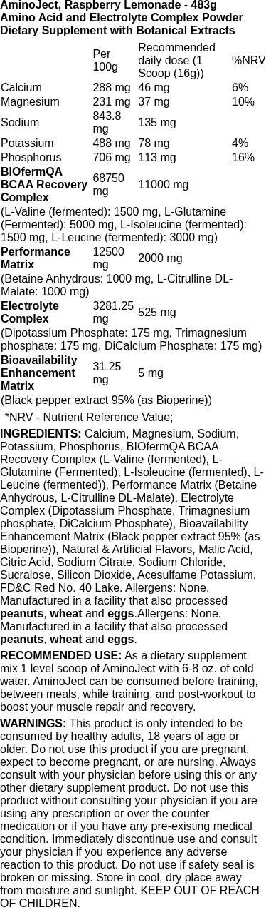AminoJect, Raspberry Lemonade - 483 grams | Evogen nutritional information