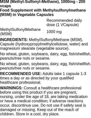 MSM (Methyl-Sulfonyl-Methane), 1000mg - 200 vcaps | Jarrow Formulas nutritional information