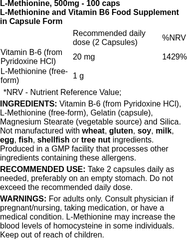 L-Methionine, 500mg - 100 caps | NOW Foods nutritional information