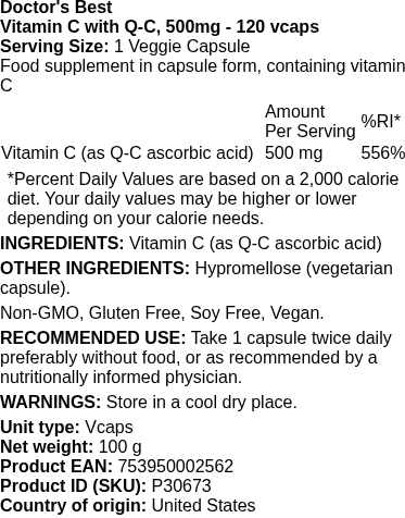 Vitamin C, 500mg - 120 vcaps | Doctor's Best nutritional information