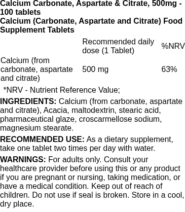 Calcium Carbonate, Aspartate & Citrate, 500mg - 100 tablets | Swanson nutritional information