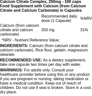 Calcium Citrate Complex, 250mg - 100 caps | Swanson nutritional information