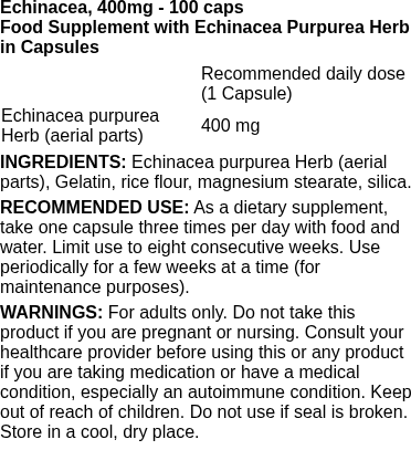 Echinacea, 400mg - 100 caps | Swanson nutritional information