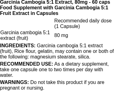 Garcinia Cambogia 5:1 Extract, 80mg - 60 caps | Swanson nutritional information