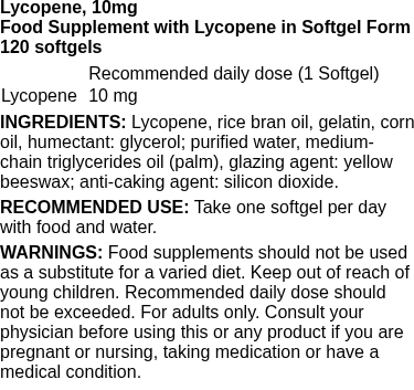 Lycopene, 10mg - 120 softgels | Swanson nutritional information