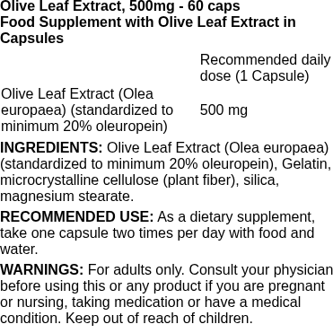 Olive Leaf Extract, 500mg - 60 caps | Swanson nutritional information