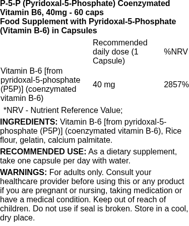 P-5-P (Pyridoxal-5-Phosphate) Coenzymated Vitamin B6, 40mg - 60 caps | Swanson nutritional information