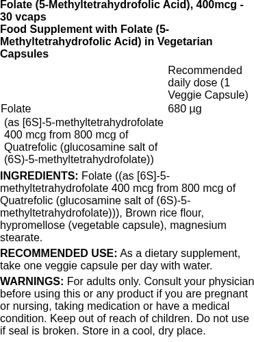 Folate (5-Methyltetrahydrofolic Acid), 400mcg - 30 vcaps | Swanson nutritional information