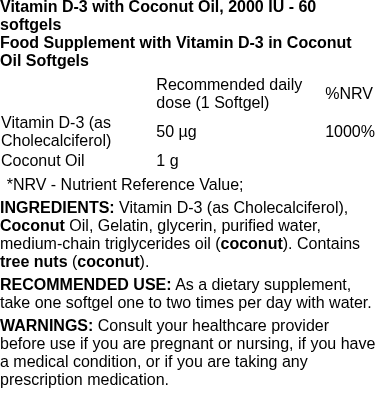 Vitamin D-3 with Coconut Oil, 2000 IU - 60 softgels | Swanson nutritional information