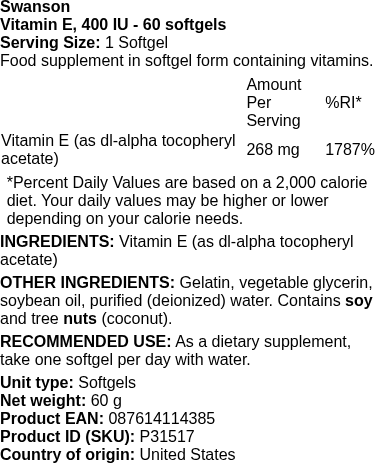 Vitamin E, 400 IU - 60 softgels | Swanson nutritional information