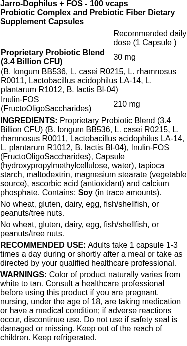 Jarro-Dophilus + FOS - 100 vcaps | Jarrow Formulas nutritional information