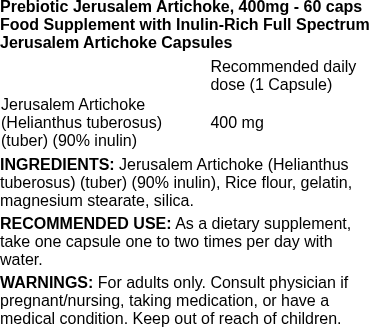 Prebiotic Jerusalem Artichoke, 400mg - 60 caps | Swanson nutritional information