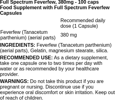 Full Spectrum Feverfew, 380mg - 100 caps | Swanson nutritional information