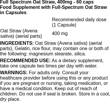 Full Spectrum Oat Straw, 400mg - 60 caps | Swanson nutritional information