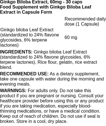 Ginkgo Biloba Extract, 60mg - 30 caps | Swanson nutritional information