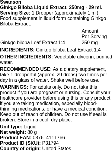 Ginkgo Biloba Liquid Extract, 250mg - 29.6 ml. | Swanson nutritional information