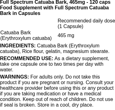 Full Spectrum Catuaba Bark, 465mg - 120 caps | Swanson nutritional information