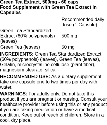 Green Tea Extract, 500mg - 60 caps | Swanson nutritional information