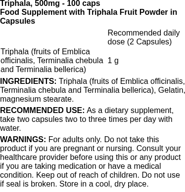Triphala, 500mg - 100 caps | Swanson nutritional information