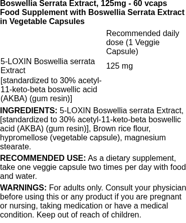 Boswellia Serrata Extract, 125mg - 60 vcaps | Swanson nutritional information
