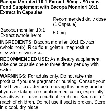 Bacopa Monnieri 10:1 Extract, 50mg - 90 caps | Swanson nutritional information