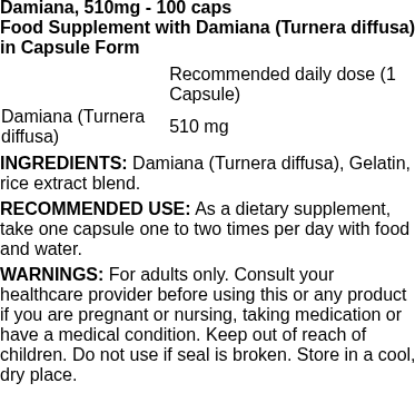Damiana, 510mg - 100 caps | Swanson nutritional information