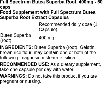 Full Spectrum Butea Superba Root, 400mg - 60 caps | Swanson nutritional information