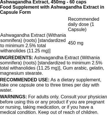 Ashwagandha Extract, 450mg - 60 caps | Swanson nutritional information