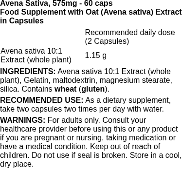 Avena Sativa, 575mg - 60 caps | Swanson nutritional information