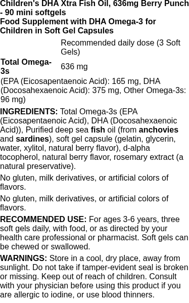 Children's DHA Xtra Fish Oil, 636mg Berry Punch - 90 mini softgels | Nordic Naturals nutritional information