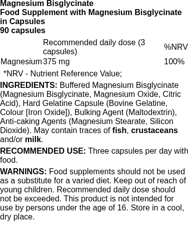 Magnesium Bisglycinate - 90 caps | Reflex Nutrition nutritional information