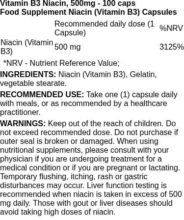 Vitamin B3 Niacin - 100 Capsules | Life Extension nutritional information