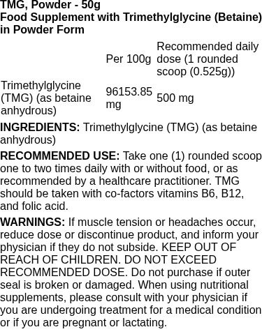 TMG, Powder - 50 grams | Life Extension nutritional information