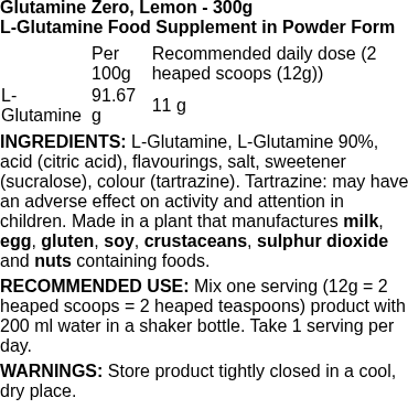 Glutamine Zero, Lemon - 300 grams | BioTechUSA nutritional information