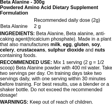 Beta Alanine - 300 grams | BioTechUSA nutritional information