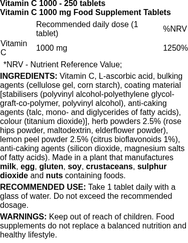 Vitamin C 1000 - 250 tablets | BioTechUSA nutritional information