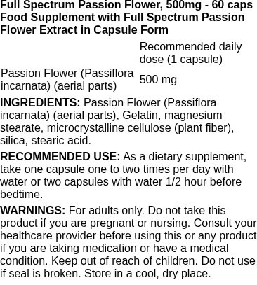 Full Spectrum Passion Flower, 500mg - 60 caps | Swanson nutritional information