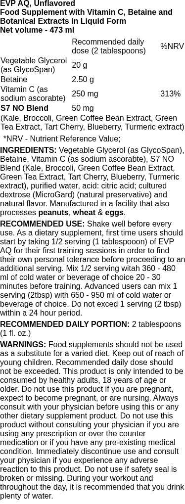 EVP AQ, Unflavored - 473 ml. | Evogen nutritional information