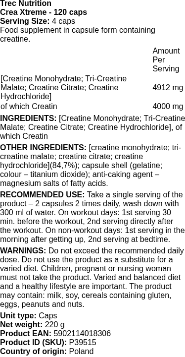 Crea Xtreme - 120 caps | Trec Nutrition nutritional information