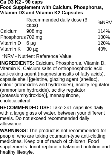 Ca D3 K2 - 90 caps | BioTechUSA nutritional information