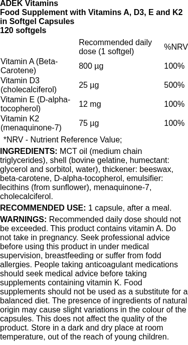 ADEK Vitamins - 120 softgels | Osavi nutritional information