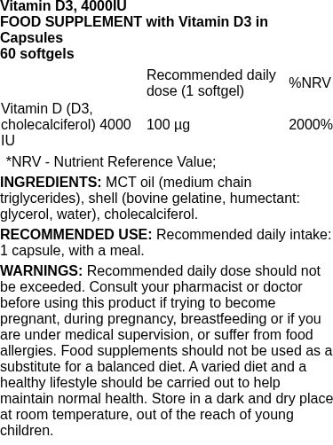 Vitamin D3, 4000IU - 60 softgels | Osavi nutritional information