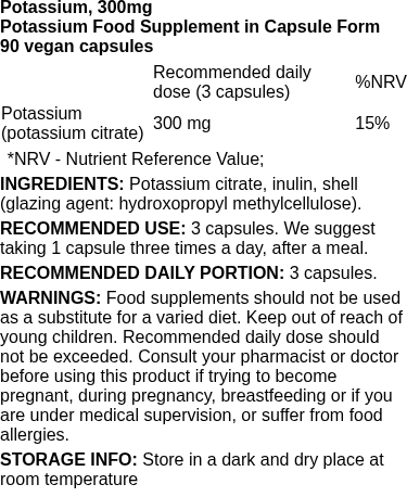 Potassium, 300mg - 90 vegan caps | Osavi nutritional information