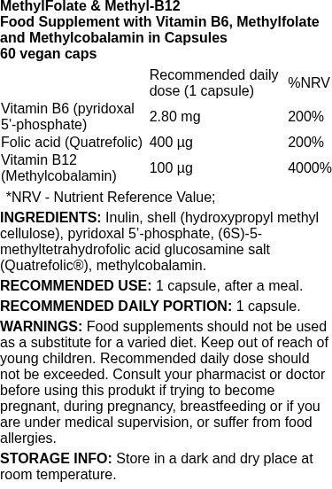 MethylFolate & Methyl-B12 - 60 vegan caps | Osavi nutritional information